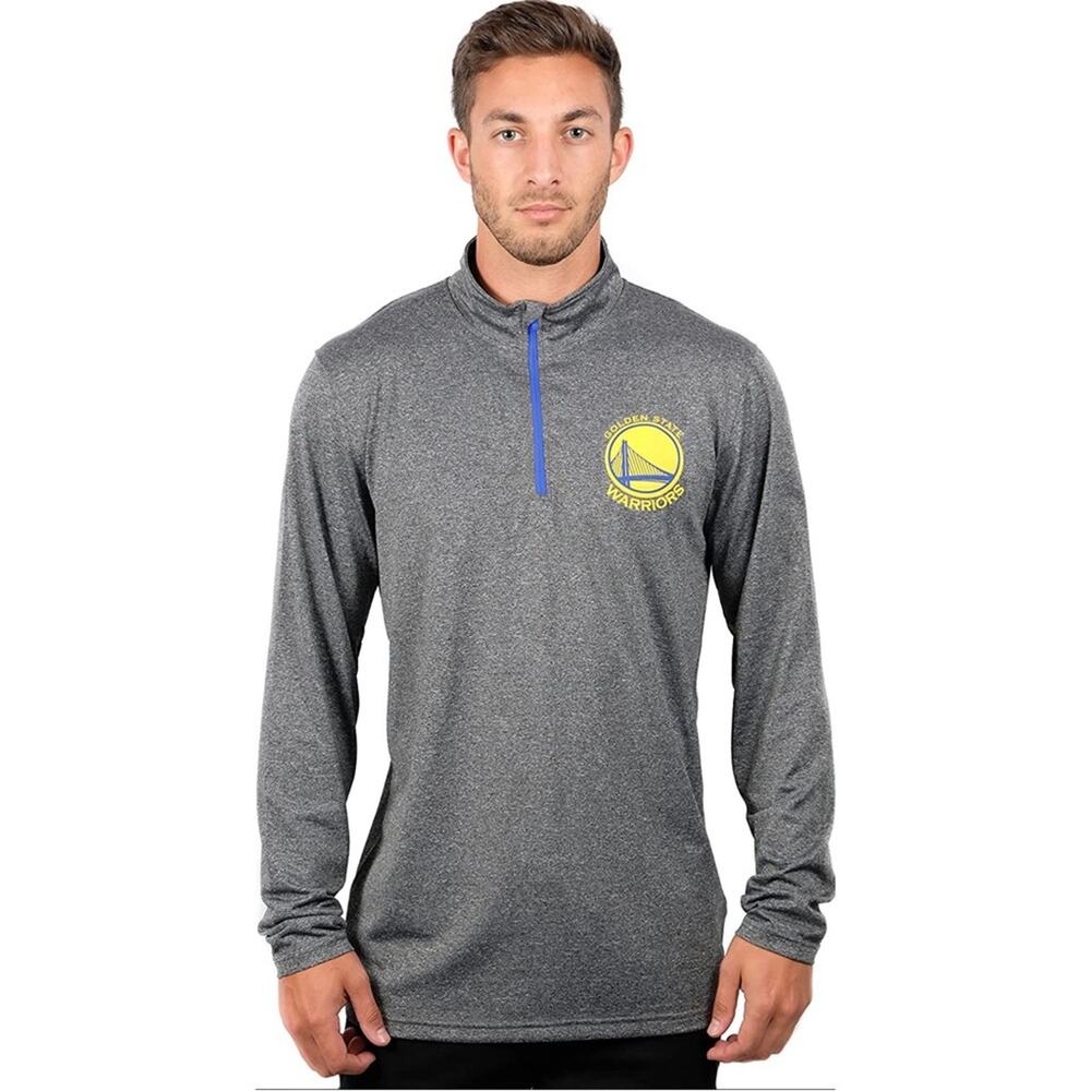 NBA | Men's Warriors Quarter Zip Poly Long Sleeve Heathered Gray Yellow Blue S